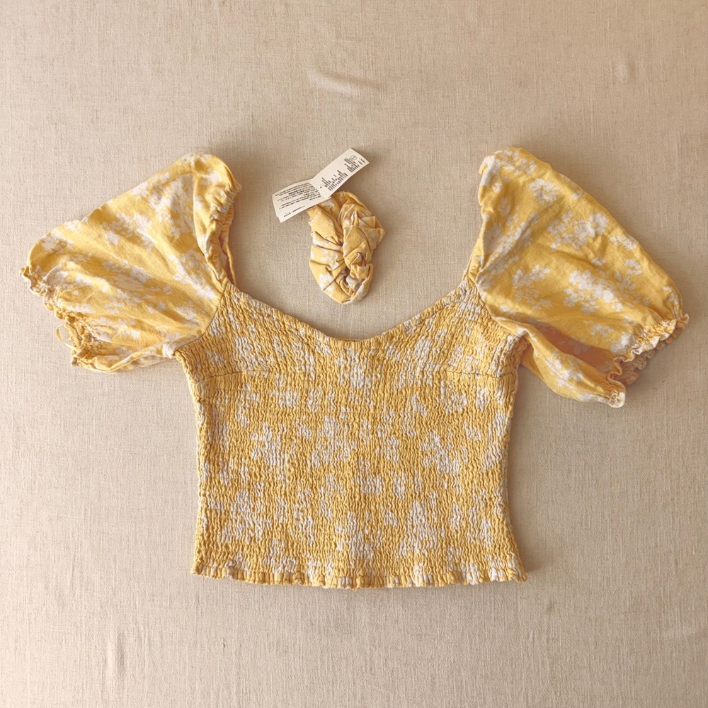 Abercrombie & Fitch Smocked Floral Puff Sleeve Top Women Large Yellow